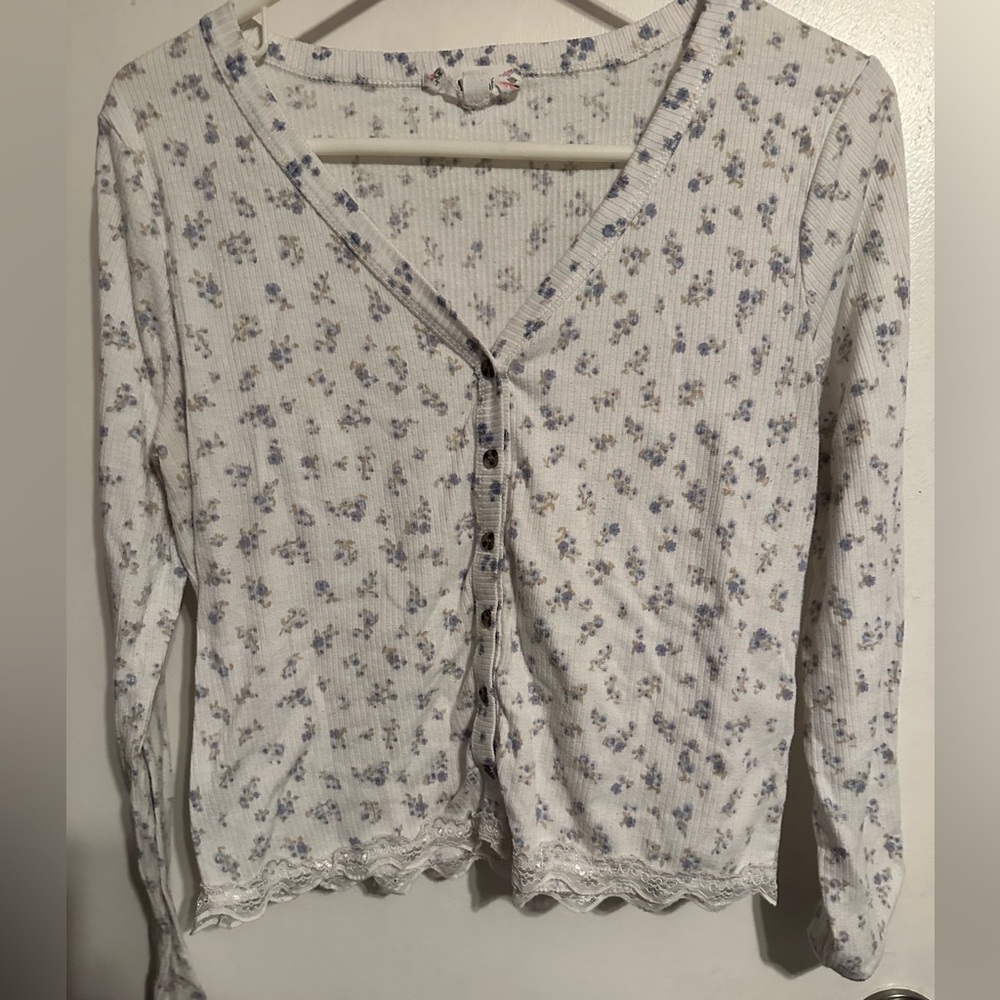Pink rose large blue Floral long sleeve shirt